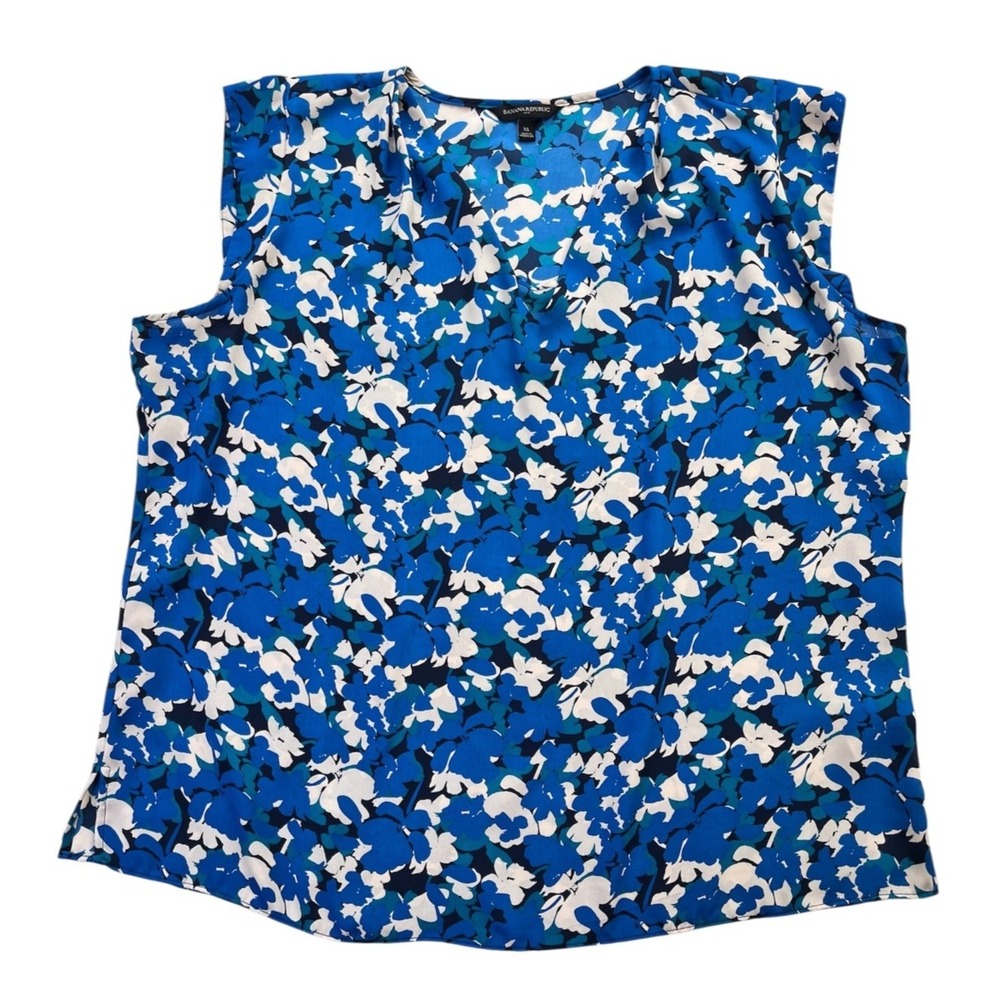 Banana Republic Floral Blue Blouse Womens sz XL V-neck Cap Sleeve Flowy Costal